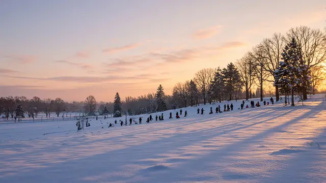 Families sledding on a snowy park hill at sunset. Illustrative image, not this location.